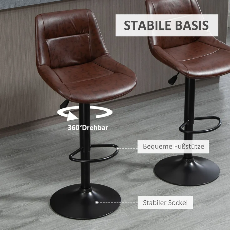 Barhocker 2er Set höhenverstellbare Tresenhocker mit Rückenlehne, drehbarer Bistrohocker aus Kunstleder in Braun, ideal für Küche & Bar--Braun--46.5x50x108cm--YOUDENOVA – Bild 5