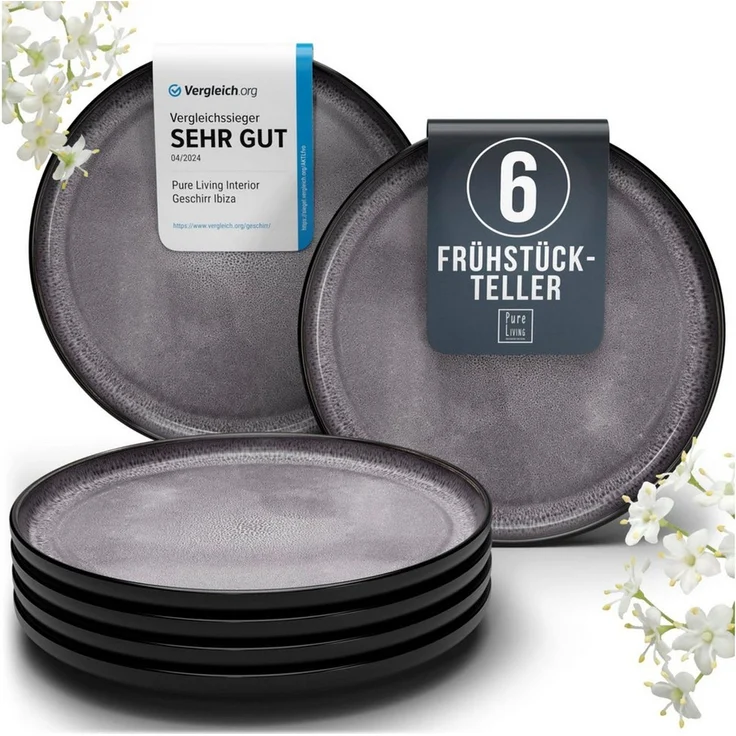 Steingut Frühstücksteller 6 Pers. Ibiza Hochwertiges Mediterranes TEST SEHR GUT Dessertteller Set - Kuchenteller spülmaschinen- und kratzfest - Kleine Teller, Salatteller Pure Living in Grau – Bild 1
