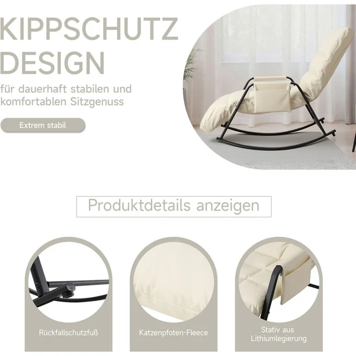 Home Nature Wohnkonzept Schaukelstuhl mit 5-fach verstellbarer Rückenlehne, Ergonomischer Relaxsessel, Lesesessel bis 160 kg, 104×56×93,5 cm, Kunstleder Cremeweiß – Bild 6