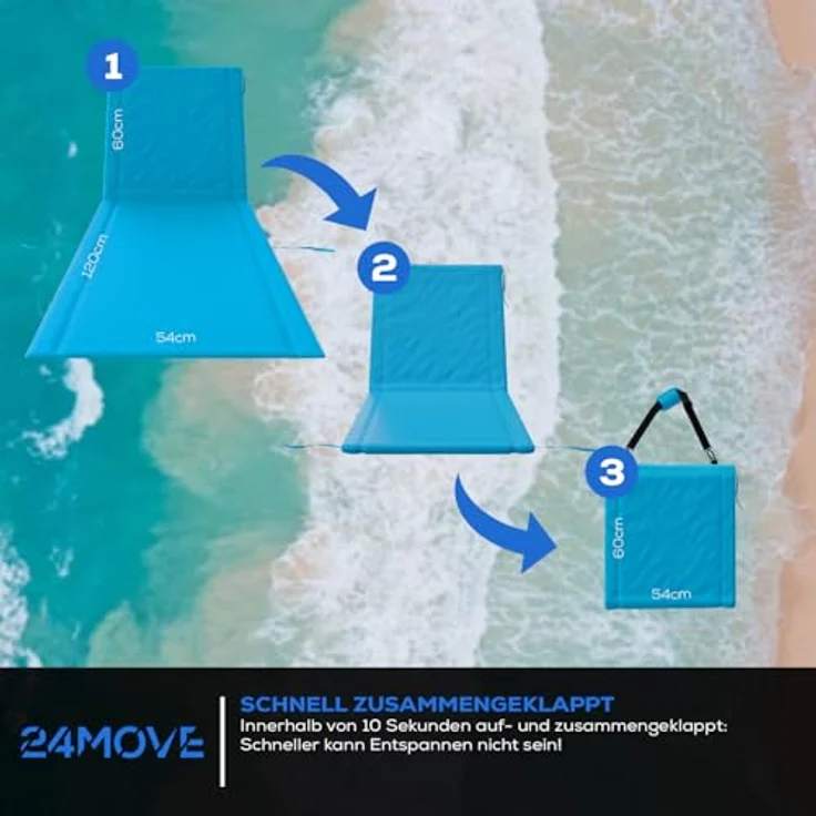 24Move Strandtuch, Strandmatte, Klappbare Campingliege, Tragetasche, (für Urlaub oder Garten), faktbar zur Tasche und Gurt, 1er, blau, Strandtuch – Bild 8
