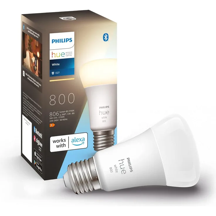 Philips Hue White E27 Lampe,806lm, dimmbar, warmweißes Licht, steuerbar via App, kompatibel mit Amazon Alexa (Echo, Echo Dot)