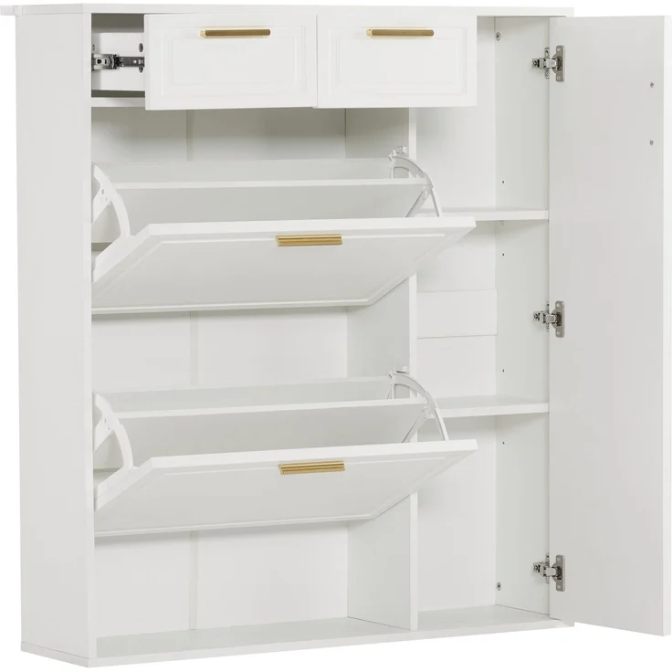 Merax Moderne Schuhschrank, mit verstellbaren Regalen, goldenen Griffen, Schubladen, Klappschuhschrank und Türen, weiß, B95/D24/H107.5 – Bild 8