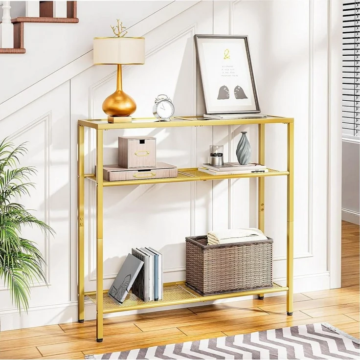 Hoobro Konsolentisch (Gold, schmaler Beistelltisch mit 3 Ebenen), Glas & Metall, Flurtisch, 75 cm – Bild 3