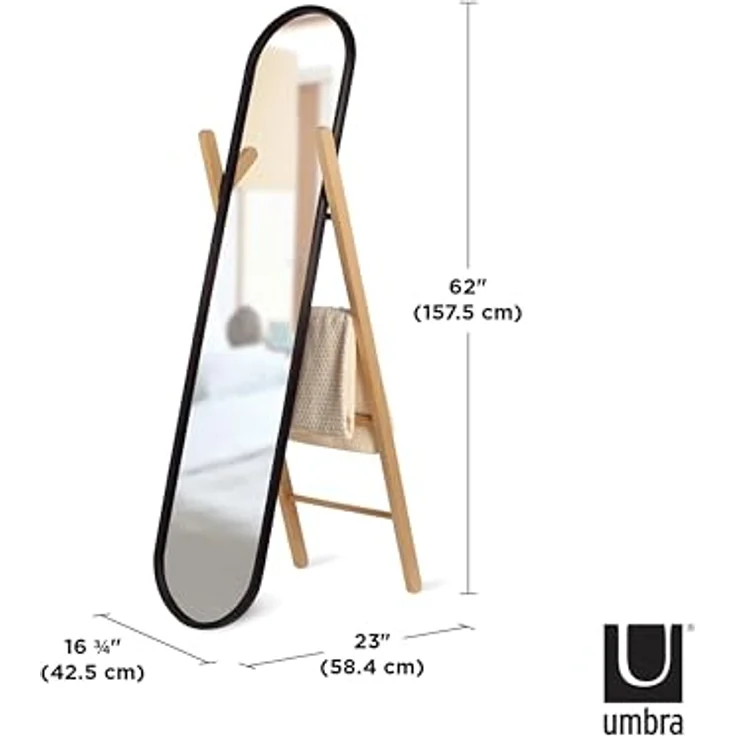 Umbra Furniture Hub Flur Spiegel, Standspiegel, mit Gummirand, Eschenholz und Spiegelglas, Schwarz / Natur, 358375045 – Bild 3