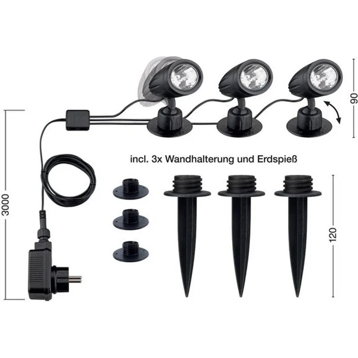 TRANGO LED Gartenstrahler, 3-flammig 3076-353 IP44 LED Gartenlampe *JOE* Außenleuchte, Strahler inkl. 3x LED Modul Leuchtmittel 3000K warmweiß & Zuleitungskabel, Teichlampe, Gartenleuchte, Wegbeleuchtung, Wandleuchte – Bild 3