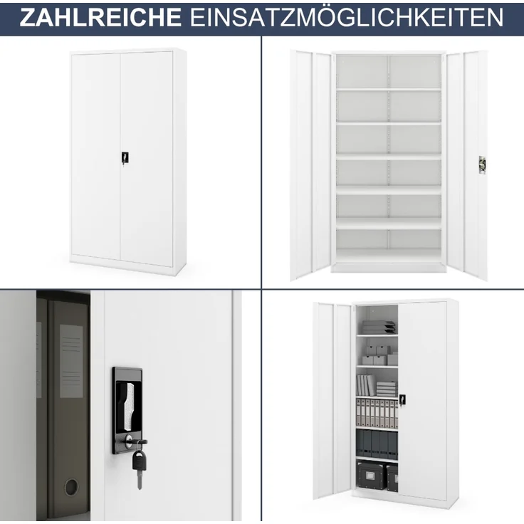 Aktenschrank abschließbar KADO - 6 Ebenen verstellbar, Flügeltüren | Metallschrank Werkstatt Mehrzweckschrank Büroschrank aus Stahl Werkzeugschrank, 220 x 115 x 40 cm Weiß – Bild 6