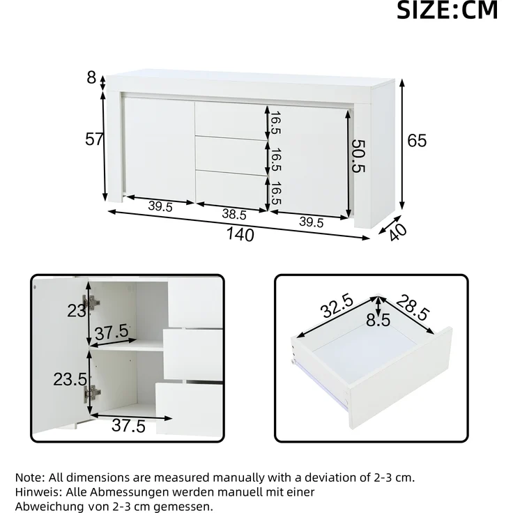 Merax Wohnzimmerschrank, Kommode mit 3 Schubladen, 2 Türen, Hochglanz Beistellschrank mit LED-Lichtleiste, Sideboard mit Stauraum, Weiß – Bild 4