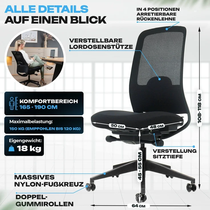 VALKENSTOL M4 Essential - Bürostuhl ergonomisch - 5 Jahre Garantie - 5D Armlehnen - verstellbare Sitztiefe - Schreibtischstuhl mit Gummirollen – Bild 7
