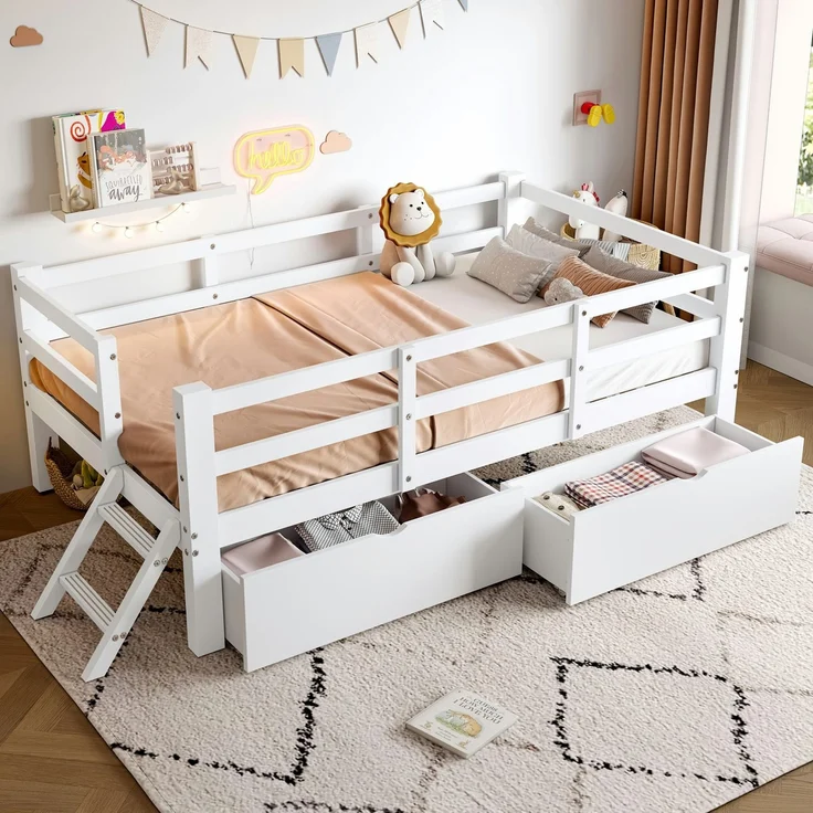 Kinderbett mit Trittleiter und 2 Schubladen, 90x200 cm, Rausfallschutz, Stauraum, Kiefer – Bild 3