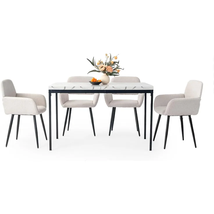 FurnitureR Garten-Esstische aus weißem Marmorimitat, Schlichter und eleganter Stil für 4 bis 6 Personen, Dicke Holzplatte mit Metallstruktur, für Terrasse, Terrasse, Garten, 120 x 70 x 75 cm – Bild 9