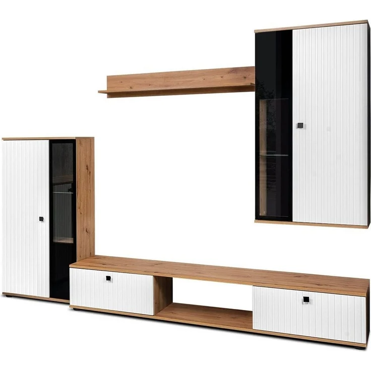 Wohnwand Salsa 2 Lamellenoptik Anbauwand Schrankwand MDF Weiss + Eiche Artisan – Bild 2