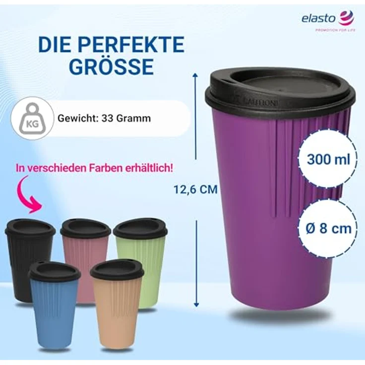elasto Coffee-to-go-Becher Kaffeebecher 300 ml Trinkbecher mit Deckel und Riffel-Optik, Made in Germany, BPA-frei, 100% recyclebar, Heißgetränke, Teebecher – Bild 4