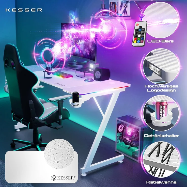 KESSER Gamingtisch, Gaming Schreibtisch mit Getränkehalter Ergonomischer Gamer Tisch – Bild 3