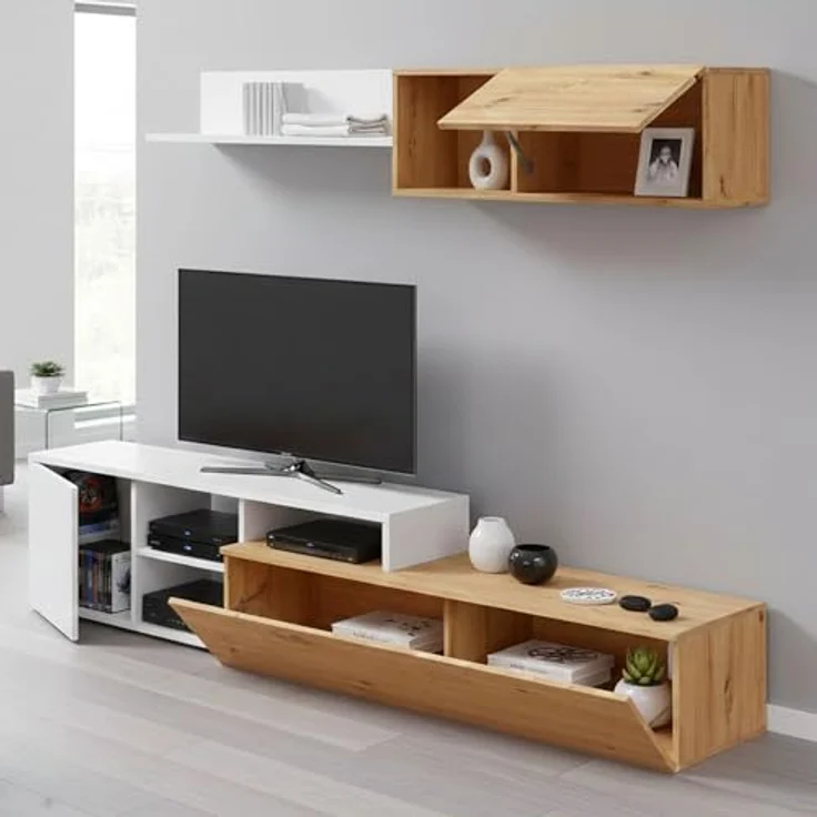Dmora - Wohnzimmermöbel Miami, Wohnmöbel mit umkehrbarem TV-Ständer, Wohnzimmerkomposition mit Schrankwand und Regal, 220 x 40 x 44 cm, Eiche mit Asteffekt und Weiß – Bild 2