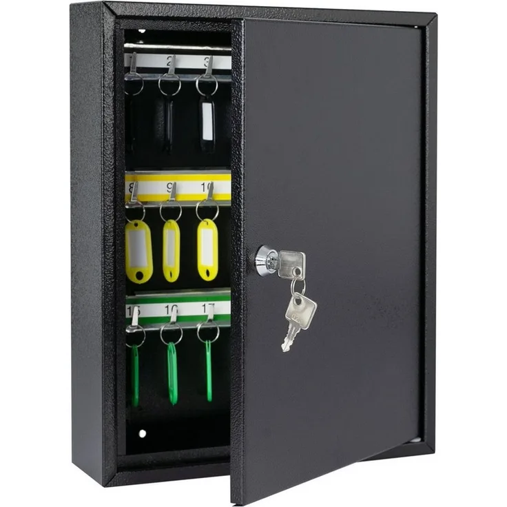 HMF Schlüsselkasten Abschließbarer Schlüsselschrank mit 42 Haken (Inkl. Schlüsselanhänger), verstellbare Hakenleisten, 35 x 27 x 8 cm, schwarz