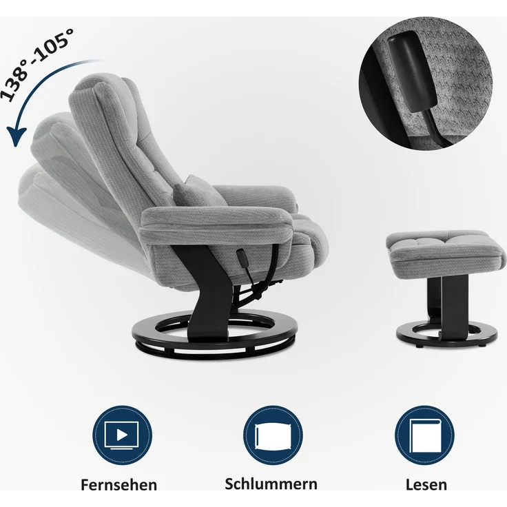 M MComboRelaxsessel mit Liegefunktion, 360°Drehbarer Fernsehsessel mit Hocker, bis 120 Kg Belastbarer TV-Sessel für Wohnzimmer, mit Kissen & Seitentasche, Lesesessel Bequem, 9099 (Hellgrau-Stoff) – Bild 4