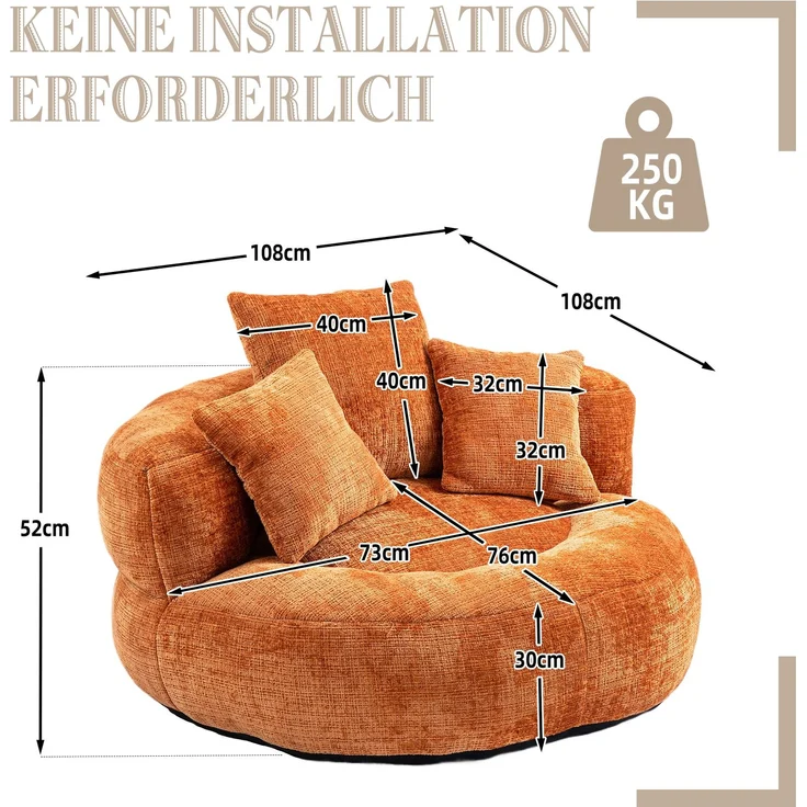 LVHOM XXL Sitzsack Chenille mit 3 Kissen, Lazy Sofa Kuschelig & Atmungsaktiv, Memory Foam Split, 108x108x52cm – Bild 7