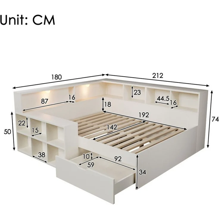 Celya Holzbett Tagesbett, Funktionsbett mit Stauraum und Leselicht (ohne Matratze, mit Schubladen und Offenem Regal), mit Drei USB-Anschlüsse und ein Typ-C-Anschluss – Bild 2