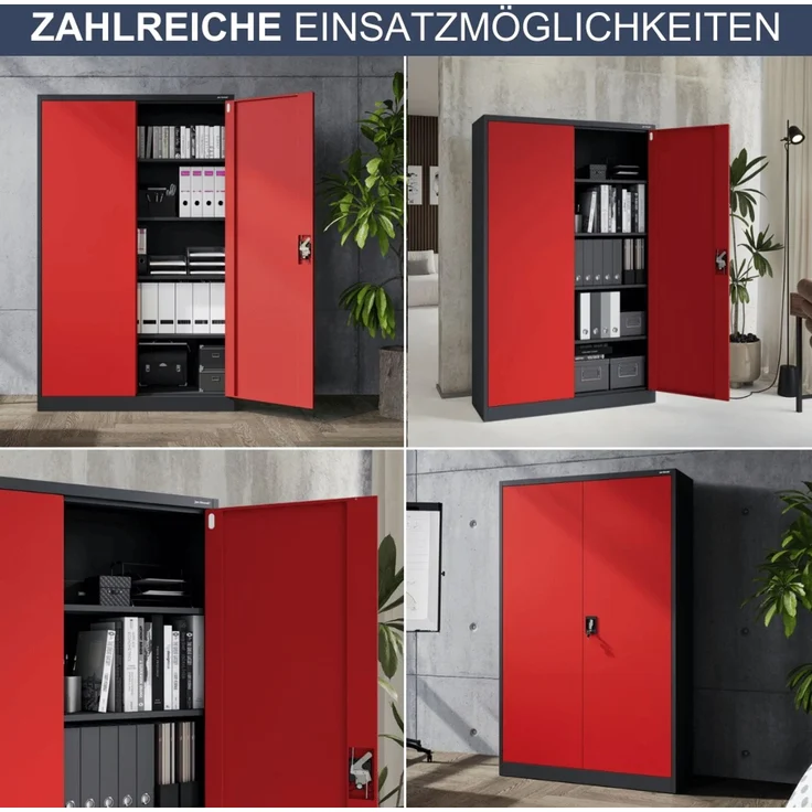 Aktenschrank abschließbar KADO - 5 Ebenen verstellbar, Flügeltüren | Metallschrank Werkstatt Mehrzweckschrank Büroschrank aus Stahl Werkzeugschrank, 185x115x40cm Anthrazit-Rot – Bild 6