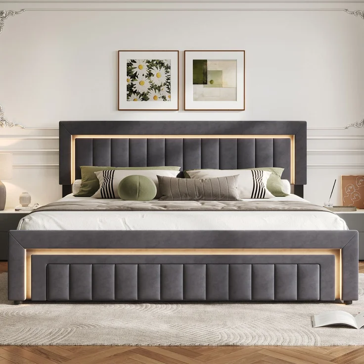 Polsterbett 180x200 cm mit LED-Beleuchtung, Samtbezug und Schubladen, Dunkelgrau – Ohne Matratze – Bild 1