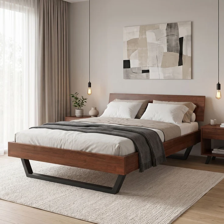 skølm 'Alver' Bett 140x200 cm, Bettgestell, natur geölt, Massivholzbett aus Eiche mit Metallkufen, Walnuss Optik, Bettkopf 1 Strebe – Bild 9