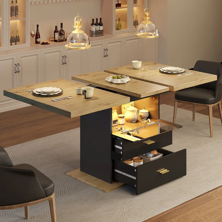Ausziehbarer Esstisch mit LED-Beleuchtung 110/140x80x75 cm, Holzoptik, schwarzer Schrank & 2 Schubladen – Bild 3