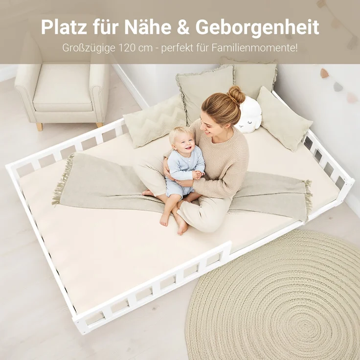 Kinderbett 120x200 mit Matratze Bodenbett mit Rausfallschutz Montessori Bett Kleinkindbett Holz Massiv Weiß Einzelbett Lattenrost – Bild 9
