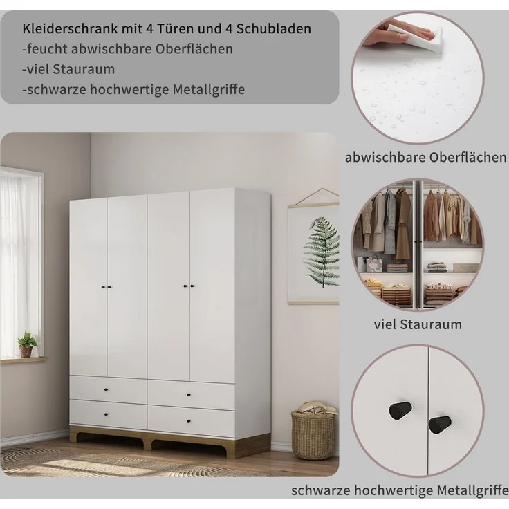 OTTO home Kleiderschrank Oslo Schlafzimmerschrank Garderobe weiß Landhaus Bestseller Schlafzimmerschrank mit 4 Türen und 4 Schubladen, Breite 160cm – Bild 2