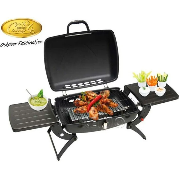 Camp4 Reimo Malibu Camping-Gasgrill Tisch- & Standgrill mit 2 Ablagen, Piezo-Zündung und Fettauffangbehälter