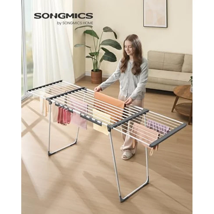 SONGMICS Wäscheständer, Standtrockner, ausziehbare Flügel, Flügelwäscheständer, 22 m Trockenfläche, Flügelwäschetrockner mit Sockenhalter, klappbar, perlweiß-Taubengrau LLR522WK01 – Bild 3