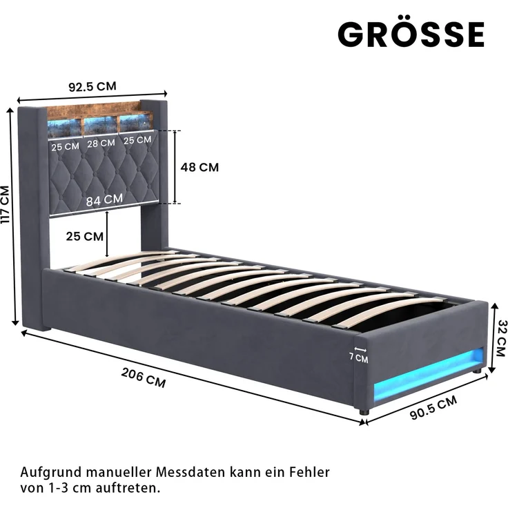 Multifunktionales Polsterbett aus Samt mit LED, USB & Stauraum, ohne Matratze, 90x190 cm, Grau – Bild 6