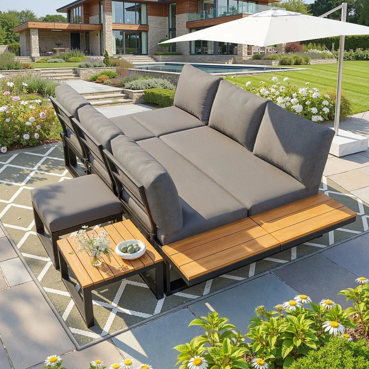 Merax Gartenlounge-Set, 7-Sitzer Gartenmöbelset mit 5 verstellbaren Rückenlehnenpositionen, Grau – Bild 6