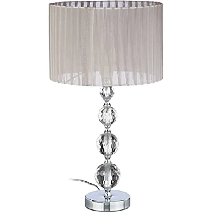 Relaxdays Nachttischlampe Kristall, Tischlampe mit Stoffschirm, 53 cm hoch, grau/silber, E27-Fassung, 40 W max.