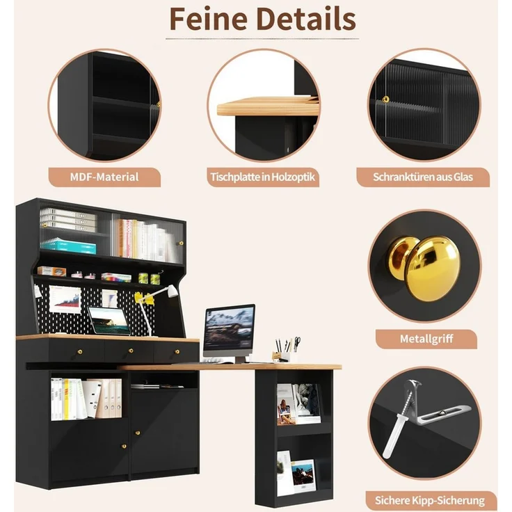 i@home Eckschreibtisch Hochschrank mit ausziehbarer Tischplatte, Schiebetüren (Küchenschrank, 2-St, mit 3 Schubladen und LED), Sideboard mit Stecktafel für Küche Esszimmer und Arbeitszimmer – Bild 3