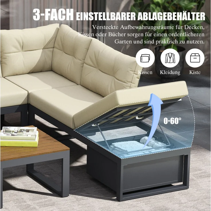 Gartenlounge-Set, Polyester mit Liegefunktion & Stauraum, 191,5x191,5x79 cm, Beige – Bild 6