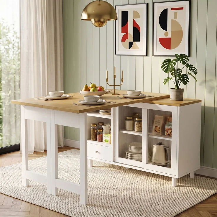 U-life Ausziehbarer, Moderner beweglicher Esstisch, Glastürpaneel, 360 drehbar, Produktfunktion, MDF, Weiß – Bild 5