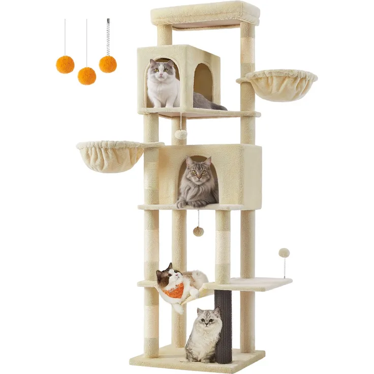 Feandrea Kratzbaum groß, 190,7 cm hoch, XXL, mehrstöckiger Katzenbaum mit 2 Höhlen, 2 Liegemulden, 5 Kratzsäulen, Katzenbürste, große Plattform, sandbeige