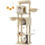 Feandrea Kratzbaum groß, 190,7 cm hoch, XXL, mehrstöckiger Katzenbaum mit 2 Höhlen, 2 Liegemulden, 5 Kratzsäulen, Katzenbürste, große Plattform, sandbeige