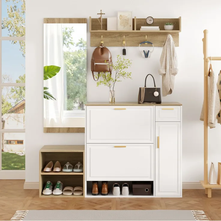 Garderoben-Set 139,5x35x166 cm in Weiß und Natur mit Schuhschrank, Sitzbank, Wandgarderobe und Spiegel