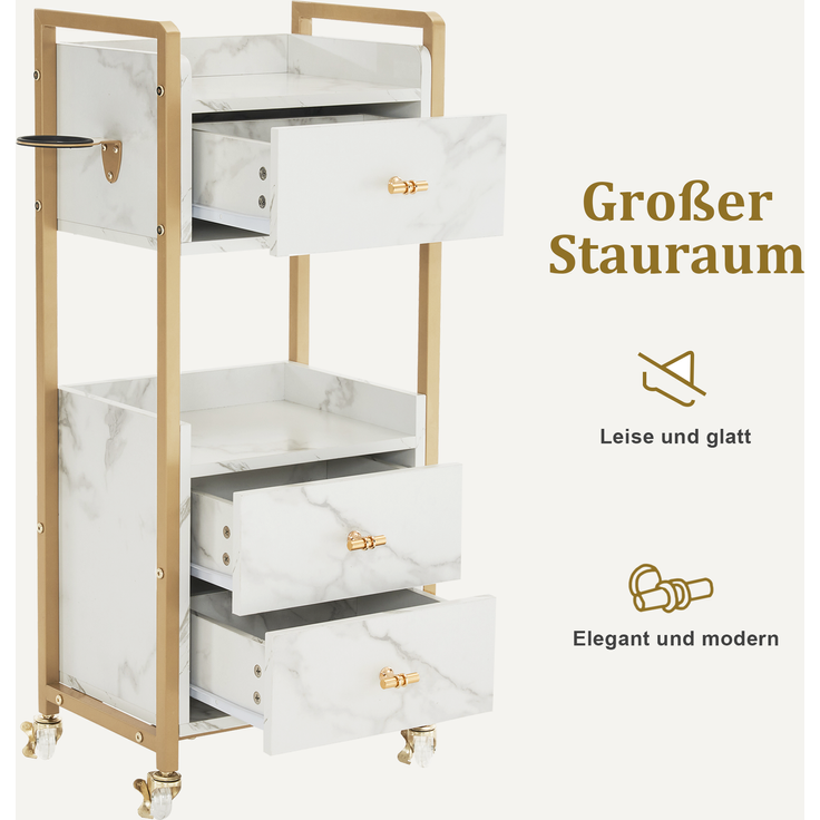 M MCombo Servierwagen mit Rollen & 3 Schubladen, Friseurwagen Rollwagen, Salon Trolley mit 2 Ablagen & Föhnhalter, Moderner Arbeitswagen für Bad Wohnzimmer, 30x40x95cm, 0022 (Weiß-Gold) – Bild 6