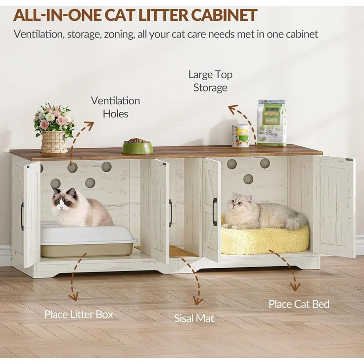 Katzenklo Schrank für 2 Katzen, Katzenklo Versteckt Schrank Möbel, Katzenhaus Holz Beistelltisch mit Kratzmatte, für Wohnzimmer und Schlafzimmer, 140 x 50 x 55 cm, Braun & Weiß – Bild 7