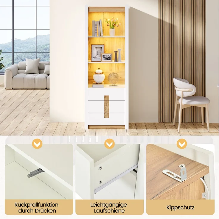 Vitrinenschrank 63 x 41,5 x 200 cm mit Bluetooth-LED und 3 Schubladen, mattweiß – Bild 8