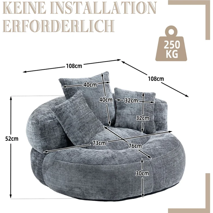 LVHOM XXL Sitzsack Chenille mit 3 Kissen, Lazy Sofa Kuschelig & Atmungsaktiv, Memory Foam Split, 108x108x52cm – Bild 7