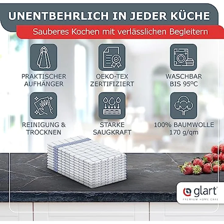 Glart 48KB2 Geschirrtücher 10er Set 50x70 cm blau kariert – 100 % Baumwolle, OEKO-TEX zertifiziert, vorgewaschen, saugstark, waschbar, langlebig, mit Aufhänger, für Haushalt, Küche, Gastronomie, Büro – Bild 6