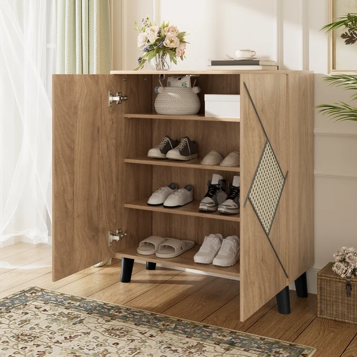 Merax Schuhschrank mit dekorativem Rattanmuster, 80×32×91 cm, stilvoller Flurschrank mit Stauraum, Holzoptik – Bild 2