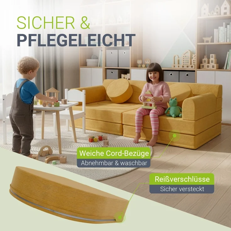 Juskys Kindersofa Kayo –Cord, modular & weich, Sofa für Kinderzimmer & Spielzimmer, sicher, flexibel, pflegeleicht, mit abnehmbaren Bezügen – Gelb – Bild 3