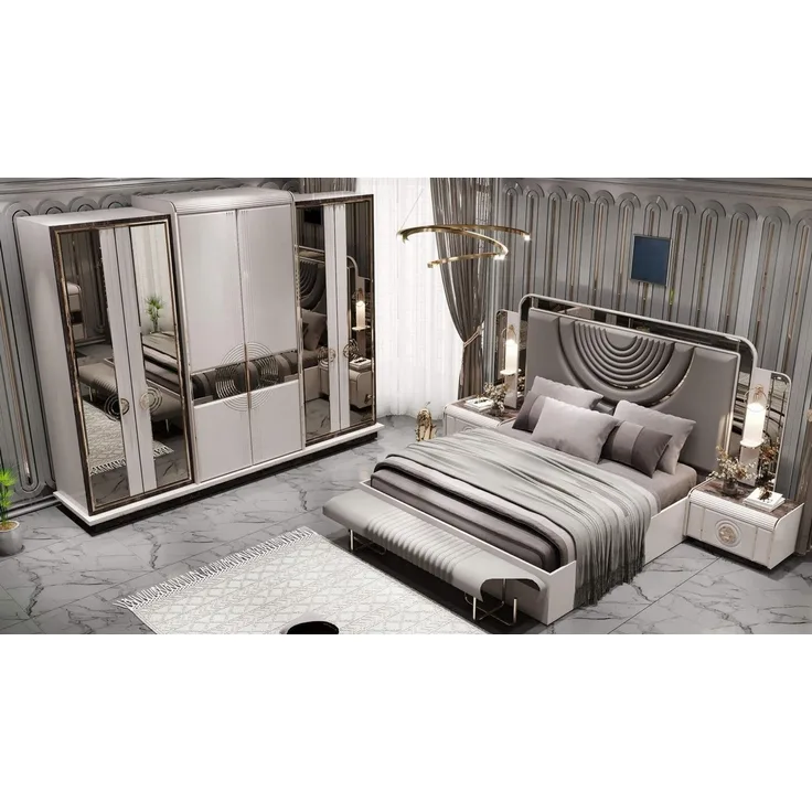 JVmoebel Schlafzimmer-Set Luxus Schlafzimmer-Set mit Polsterbett, Kleiderschrank & Sitzbank, (5-tlg)