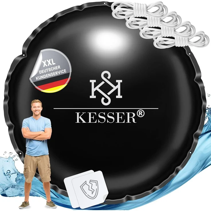 KESSER® Poolkissen Winter | Poolabdeckung mit Doppelnaht Whirpools | Luftkissen Pool Abdeckung Überwinterung | Abdeckung Einbaupools Winter | PVC wasserdicht & UV-beständig mit 4x Seile Schwarz, 400cm, Rund