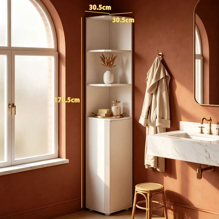 Halupeit Weißer Eckwaschtisch mit Stauraum, schmaler Doppeltürschrank, verstellbare Einlegeböden, 30,5 × 30,5 × 170,5 cm – Bild 4