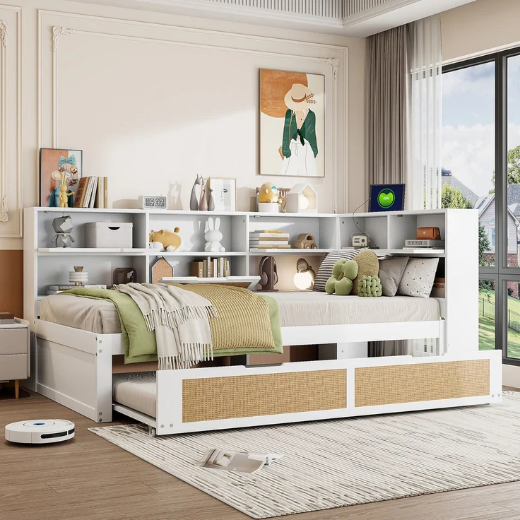 Multifunktionales Massivholz-Schlafsofa mit Ausziehbett 90x200 cm, Stauraum & USB-Anschlüssen, Gäste- & Tagesbett, Weiß – Bild 3